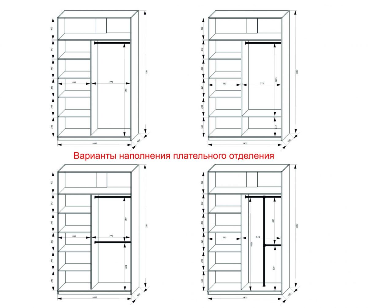 Шкаф-купе 1400 серии SOFT D1+D3+B2+PL1 (2 ящика+1штанга) профиль «Графит» | фото 7