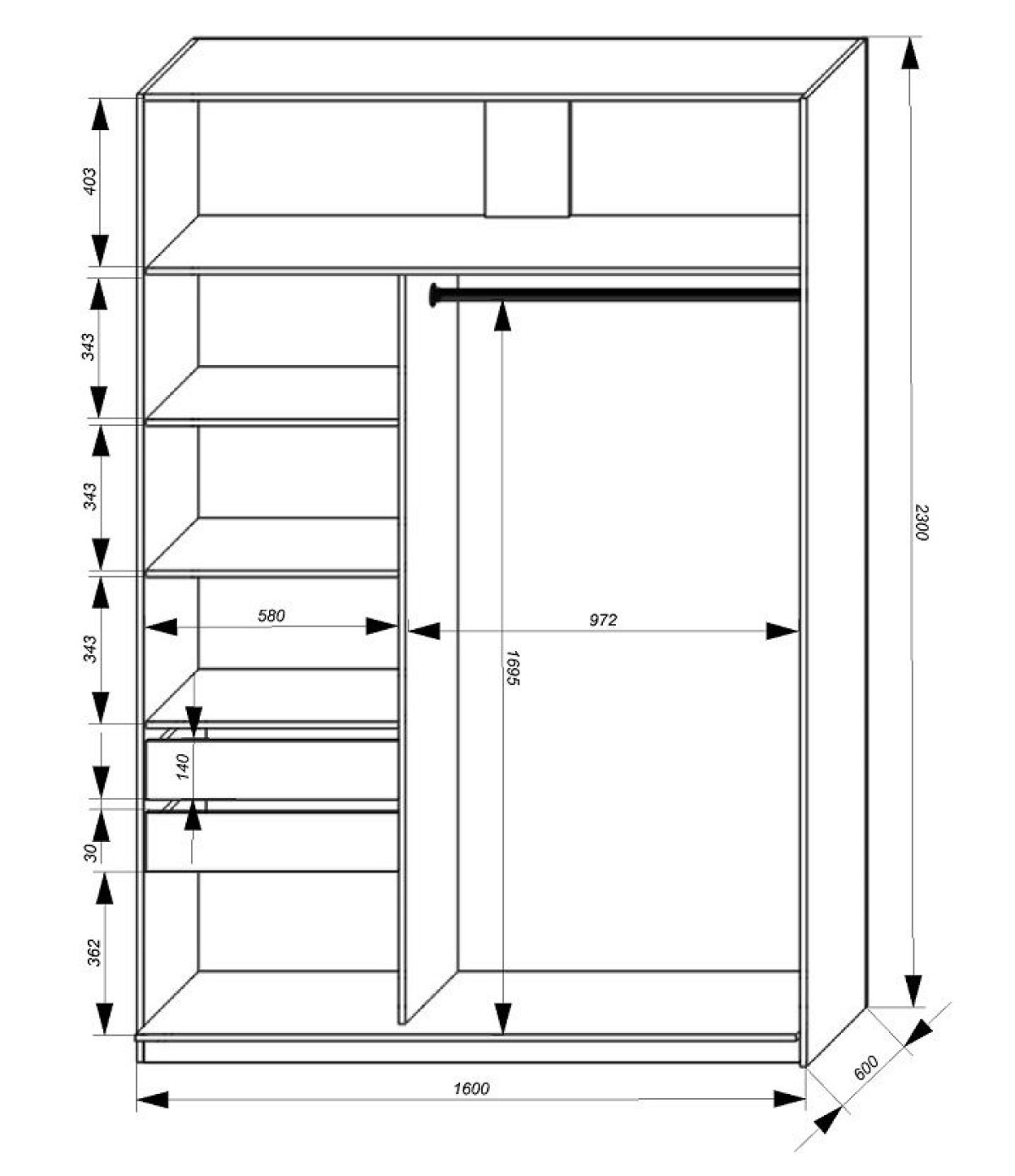 Шкаф-купе 1600 серии SOFT D1+D3+B2+PL1 (2 ящика+1штанга) профиль «Графит» | фото 3