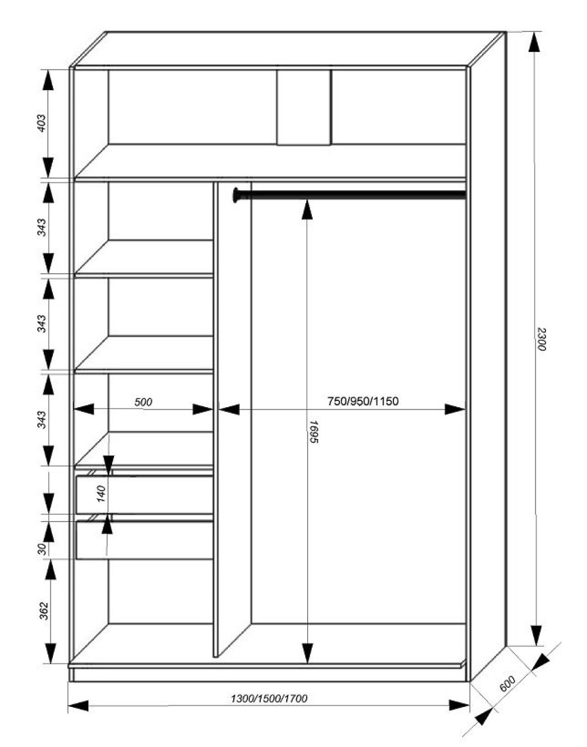 Шкаф-купе 1500 серии SILVER S4+S3Z+B2+PL1 (2 ящика+1 штанга) профиль «Серебро» | фото 3