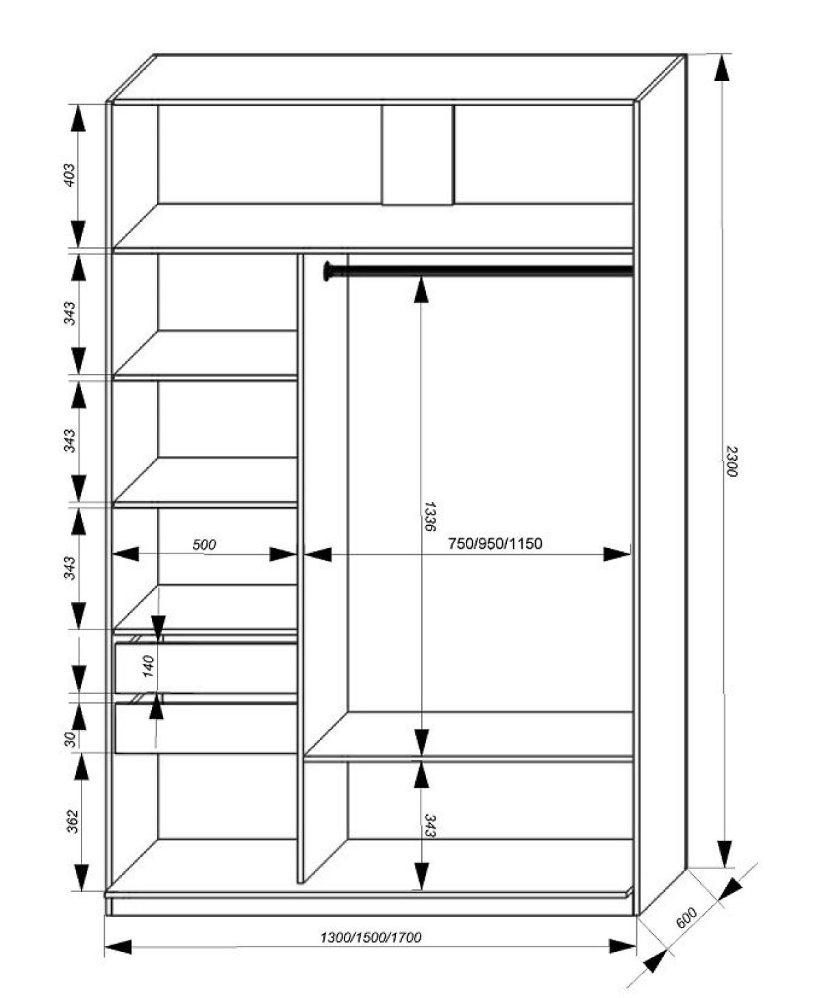 Шкаф-купе 1500 серии SILVER S1+S1+B2+PL2 (2 ящика+1 штанга+1 полка) профиль «Серебро» | фото 3