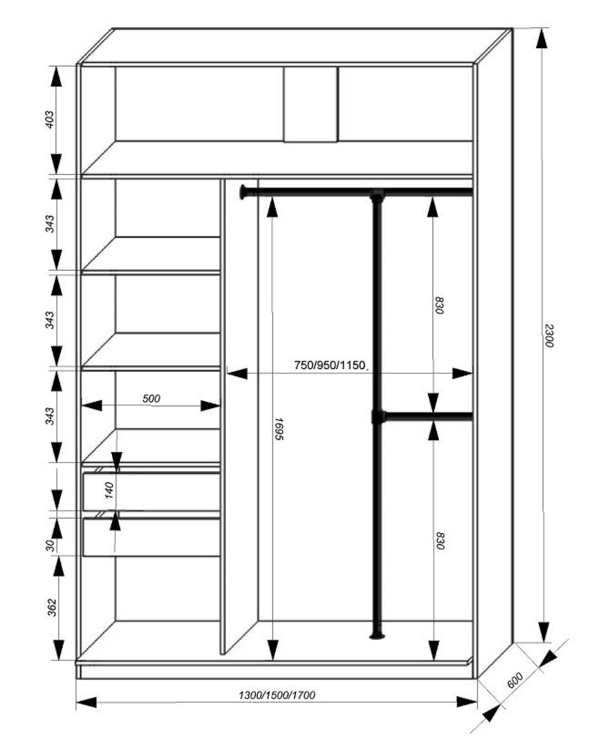 Шкаф-купе 1700 серии SILVER S3+S4+B2+PL4 (2 ящика+F обр.штанга) профиль «Серебро» | фото 3