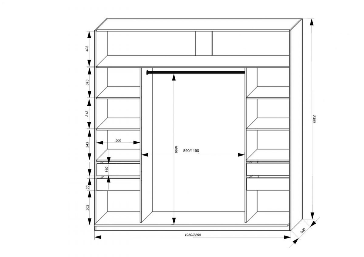 Шкаф-купе 2250 серии SILVER S6+S1+S6Z B22+PL1 (по 2 ящика лев/прав+1 штанга) профиль «Серебро» | фото 3
