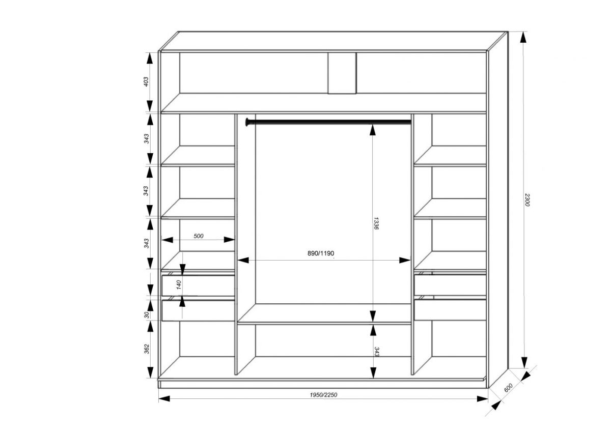 Шкаф-купе 2250 серии SILVER S3+S1+S3Z B22+PL2 (по 2 ящика лев/прав+1штанга+1 полка) профиль «Серебро» | фото 3