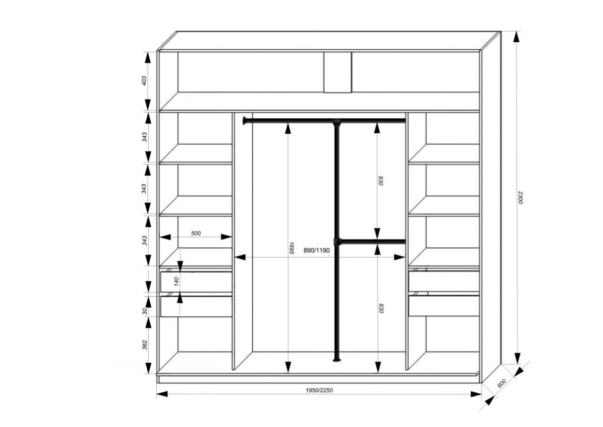Шкаф-купе 1950 серии SILVER S4+S1+S4 B22+PL4 (по 2 ящика лев/прав+F обр.штанга) профиль «Серебро» | фото 3